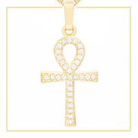 Ankh cross pendant with cubic zirconia stones in 14K gold-filled jewelry for men and women, featuring a detailed design.