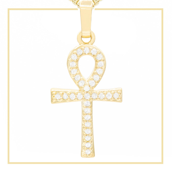 Ankh cross pendant with cubic zirconia stones in 14K gold-filled jewelry for men and women, featuring a detailed design.