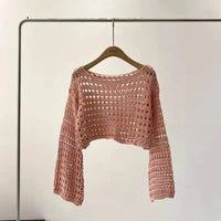 LORNEA long sleeve crochet knit top, beach cover-up blouse with boho style, ideal for summer vacations and casual wear.