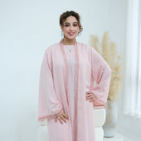 3D Lace Trim Open Abaya & Sleeveless Dress Set(MOA323)