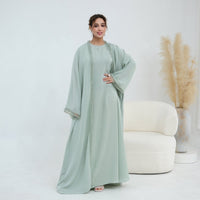 3D Lace Trim Open Abaya & Sleeveless Dress Set(MOA323)
