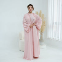 3D Lace Trim Open Abaya & Sleeveless Dress Set(MOA323)
