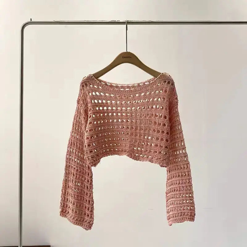 LORNEA long sleeve crochet knit top, beach bikini cover-up with boho style, lightweight summer wool knitwear blouse for women vacation