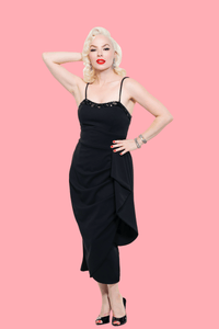 Black shimmering sarong dress by LadySplendorClothing, flowing fabric with a glossy finish perfect for elegant occasions.