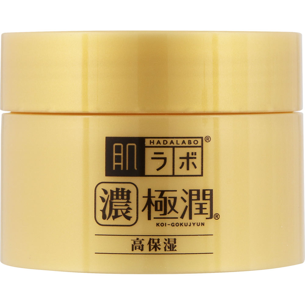 Rohto Hada Labo Koi Gokujun Perfect Gel moisturizer in a clear jar, showcasing its smooth, hydrating texture and product packaging.