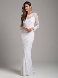 Lara New York high neck, long sleeve beaded wedding gown with intricate embellishments and elegant silhouette.