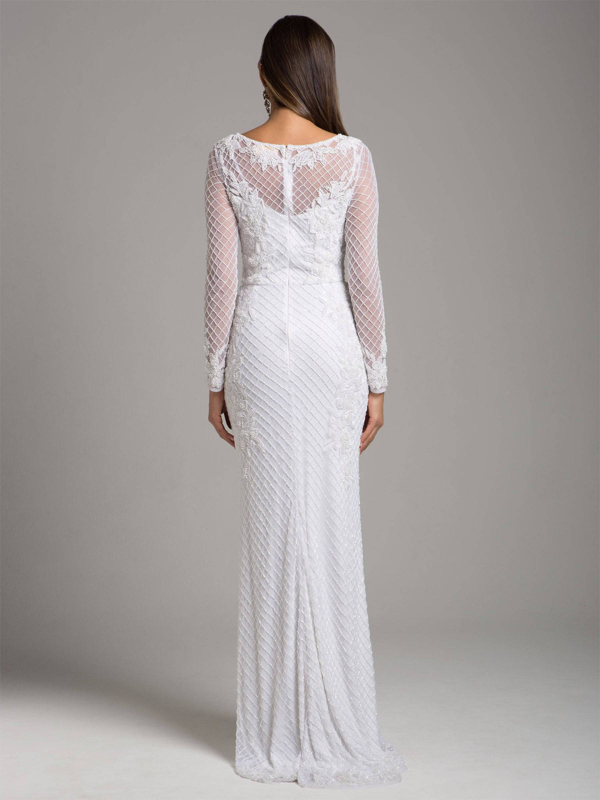 Beaded high neck long sleeve wedding gown from Lara New York, style 51004, elegant bridal dress with intricate beadwork.