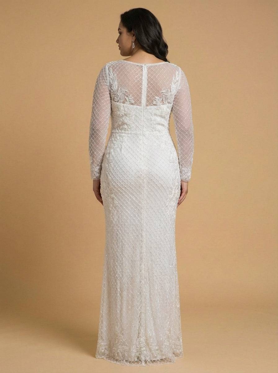 Lara New York beaded wedding gown with high neck and long sleeves, back view showcasing intricate beadwork and elegant design.