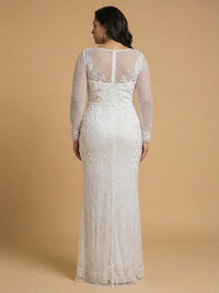 Lara New York beaded wedding gown with high neck and long sleeves, back view showcasing intricate beadwork and elegant design.