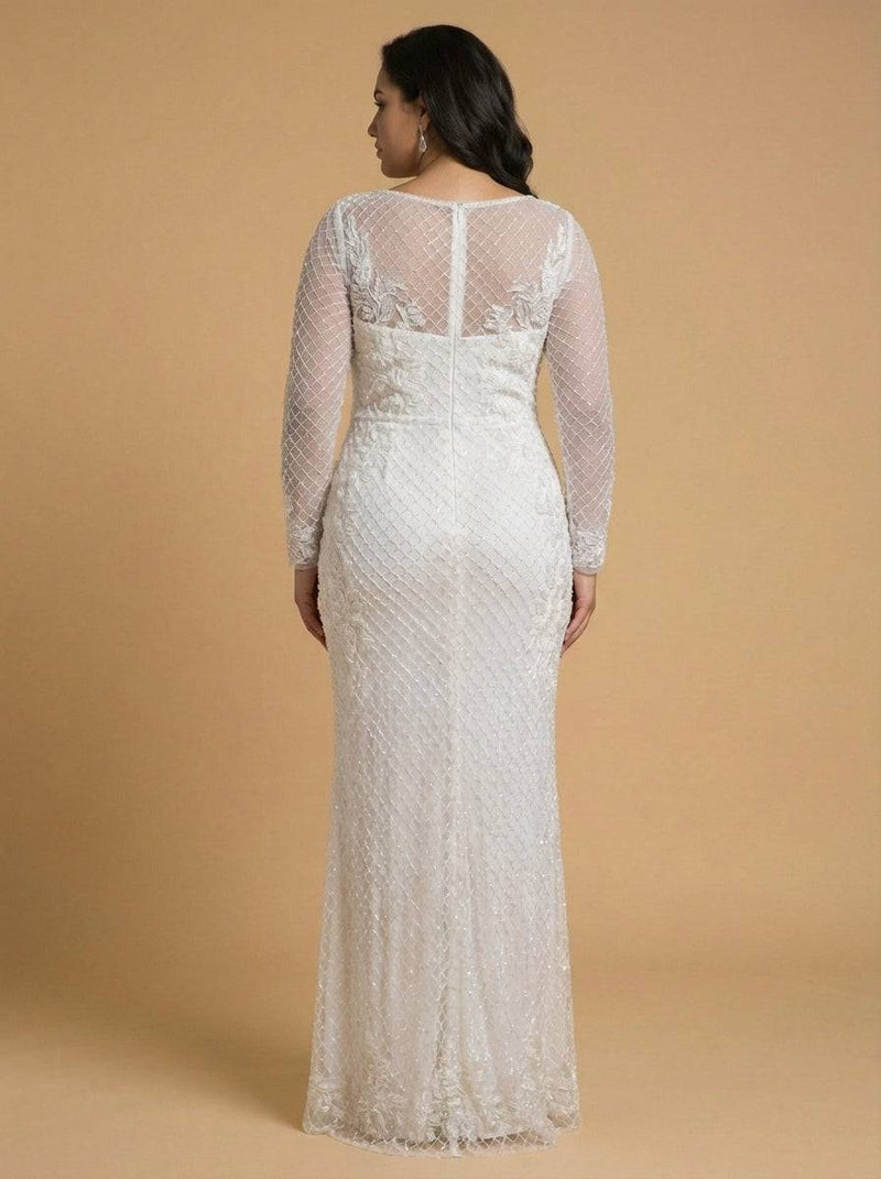 Lara New York beaded wedding gown with high neck and long sleeves, back view showcasing intricate beadwork and elegant design.