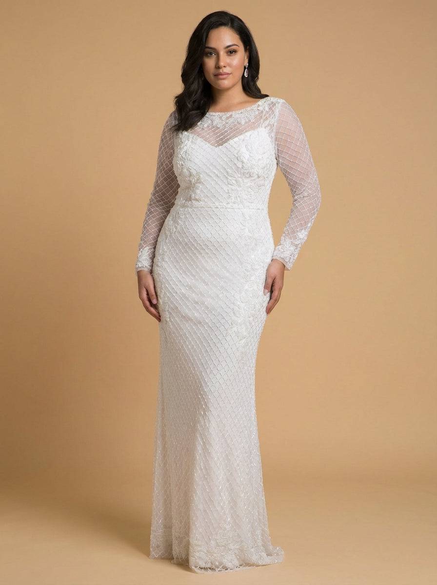 Lara New York beaded wedding gown with high neck and long sleeves, front view showcasing intricate beadwork and elegant design.