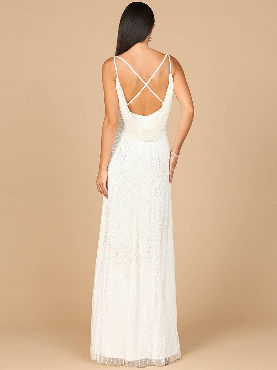 Ivory beaded gown with cowl back by Lara New York, elegant evening dress featuring intricate beadwork and flowing fabric.