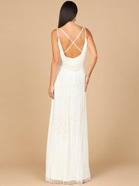 Ivory beaded gown with cowl back by Lara New York, elegant evening dress featuring intricate beadwork and flowing fabric.