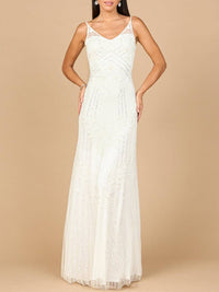 Ivory beaded gown with a cowl back by Lara New York, elegant dress featuring intricate beadwork and flowing silhouette.