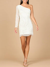 Ivory one-shoulder beaded cocktail dress with fringe by Lara New York, featuring intricate beadwork and elegant design.