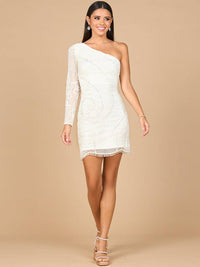Ivory one-sleeve beaded cocktail dress with fringe by Lara New York, featuring intricate beadwork and elegant design.