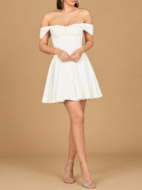Ivory off-shoulder A-line bridal short dress by Lara New York with elegant floral lace details.