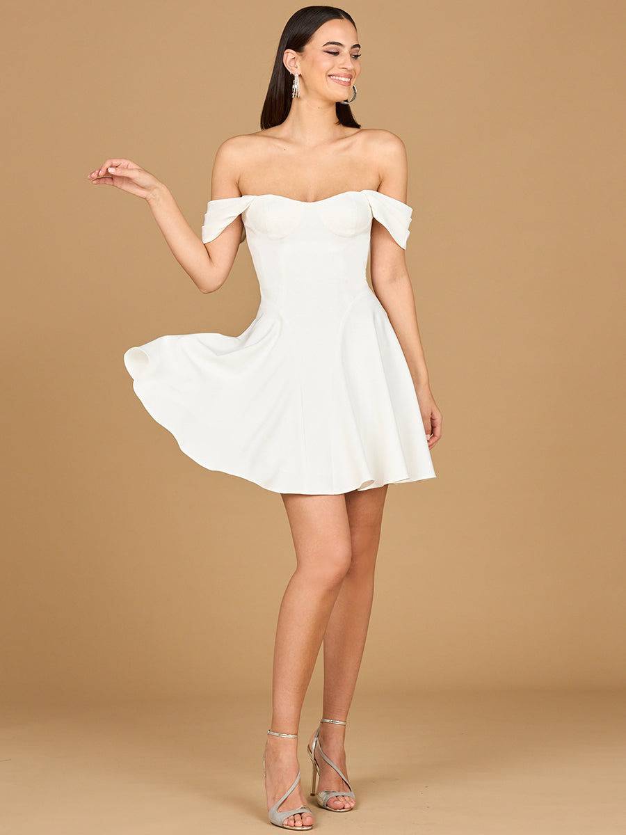 Ivory off-shoulder A-line bridal short dress by Lara New York, featuring a elegant neckline and lace detailing.