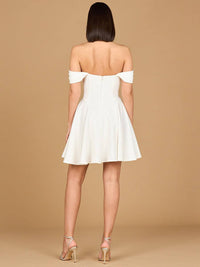 Ivory off-shoulder A-line bridal short dress by Lara New York, featuring elegant fit and lace details.