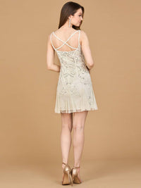 Lara New York ivory beaded mini wedding dress with flowing godets, sleeveless design, and intricate beadwork detail.