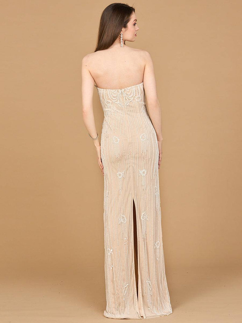 Lara New York strapless beaded wedding gown in nude ivory with intricate beadwork and elegant design.