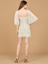 Lara New York Lara 51213 ivory beaded cape sleeve short wedding dress displayed on a hanger with intricate beadwork details.