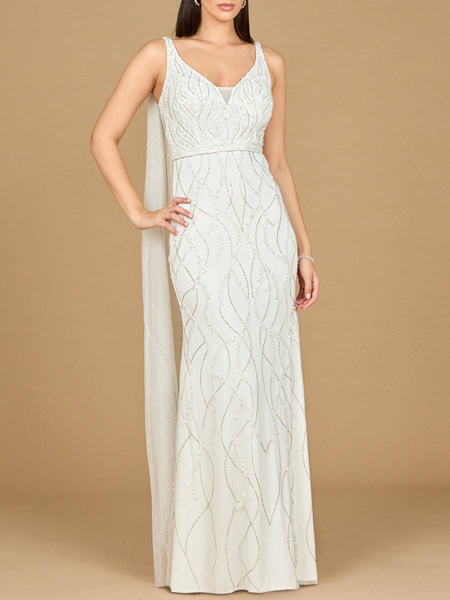 Ivory beaded wedding gown with cape by Lara New York, featuring intricate beadwork and elegant design for bridal fashion.