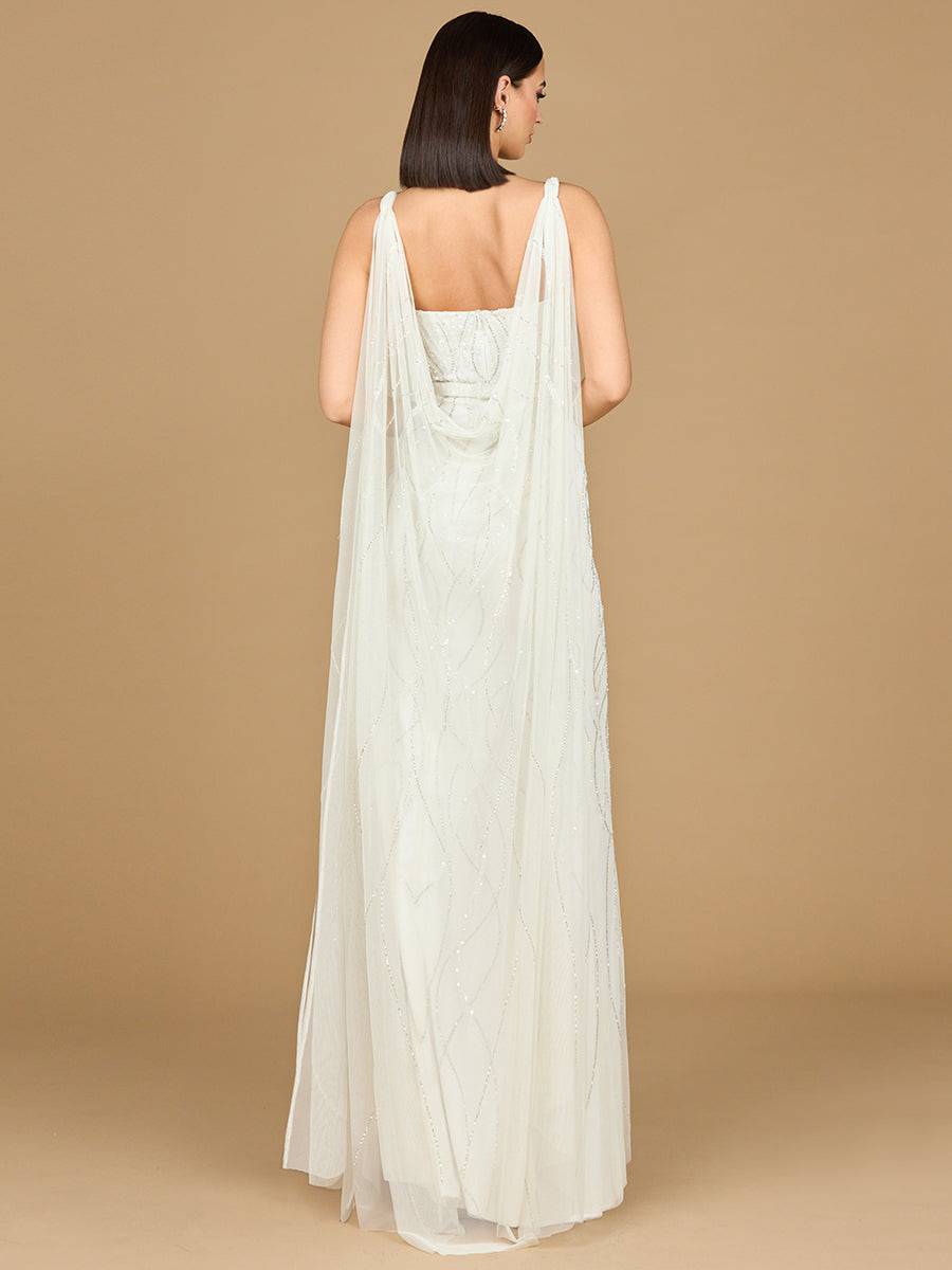 Beaded ivory wedding gown with cape by Lara New York, featuring intricate beading and elegant cape detail.