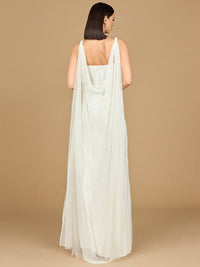 Beaded ivory wedding gown with cape by Lara New York, featuring intricate beading and elegant cape detail.
