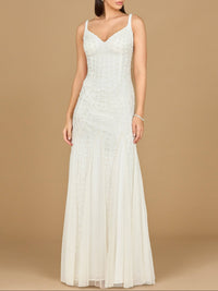 Ivory beaded bridal gown with godets by Lara New York, featuring intricate beadwork and flowing fabric design.