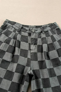 Dusk Blue Checkered Light Washed Wide Leg Jeans