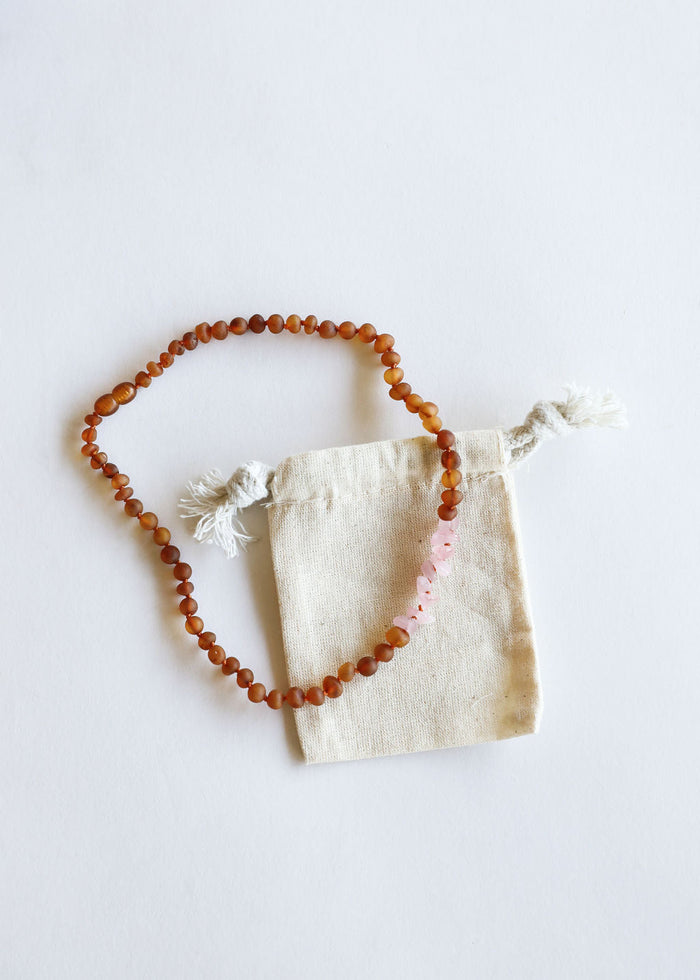 Raw Cognac Baltic Amber + Raw Rose Quartz || Necklace