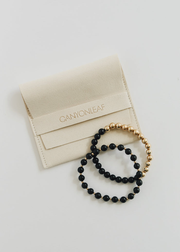 Shungite : 14k Gold Filled Sun + Moon || Stretch Bracelets