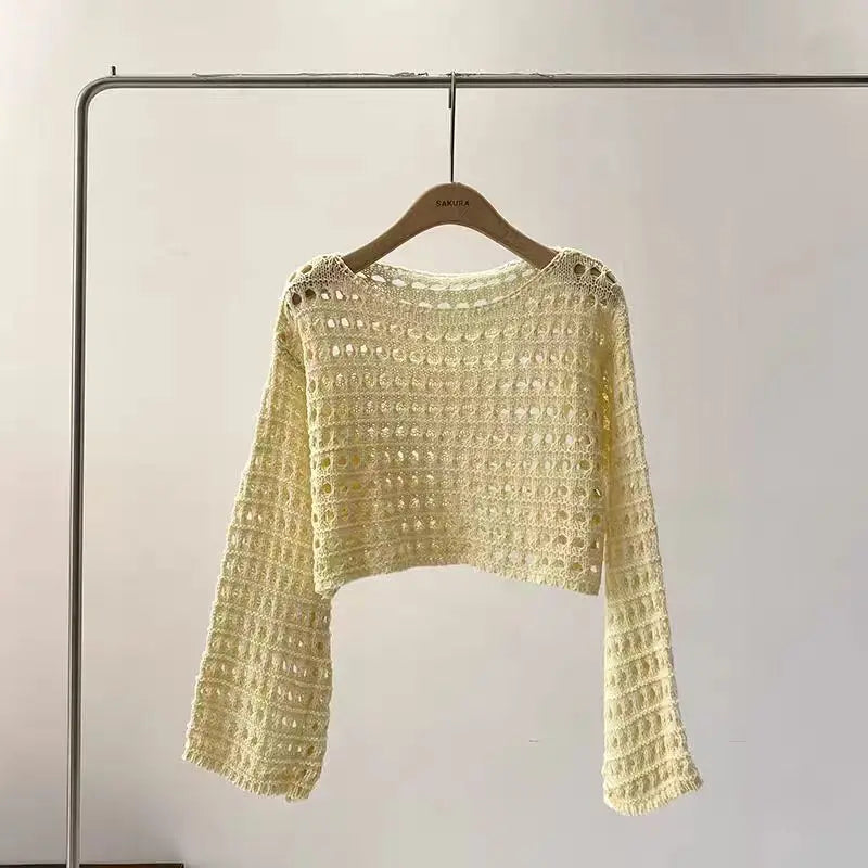 LORNEA long sleeve crochet knit top, beach cover-up with boho style, summer crop pullover, wool knitwear blouse for women vacation