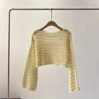 LORNEA long sleeve crochet knit top, beach cover-up with boho style, summer crop pullover, wool knitwear blouse for women vacation