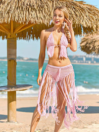 Halter neck crochet knit cami top and fringe bottom swim set by Trendsi, featuring a stylish crochet design and beach-ready style.