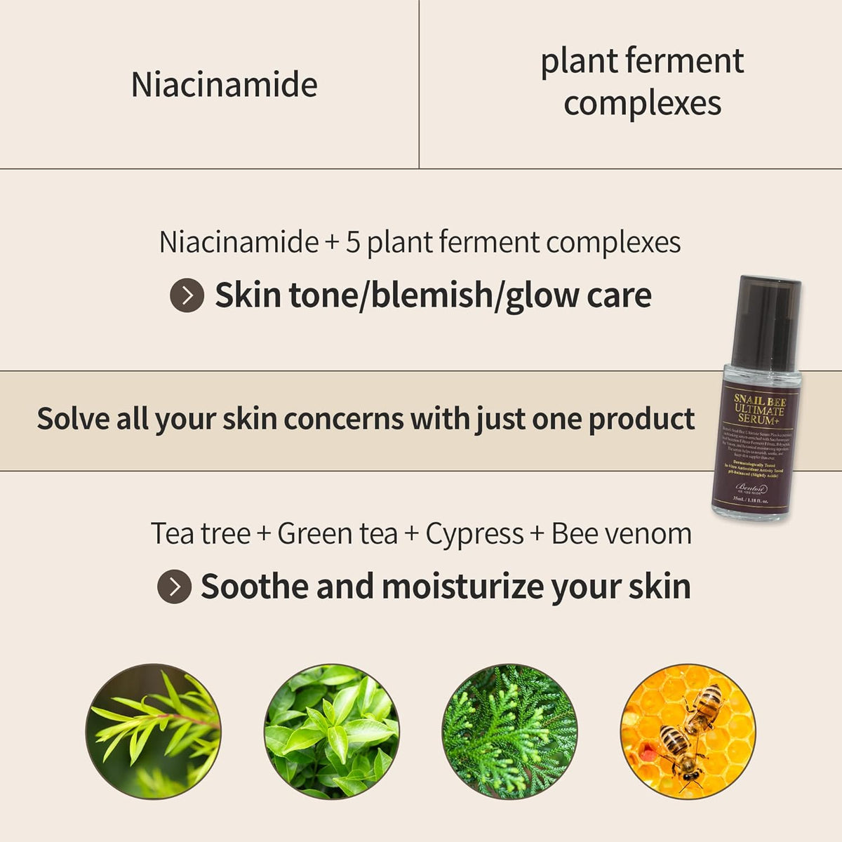 AsiaBeautyMall Benton Snail Bee Ultimate Serum Plus in a clear glass bottle with dropper for nourishing skincare.