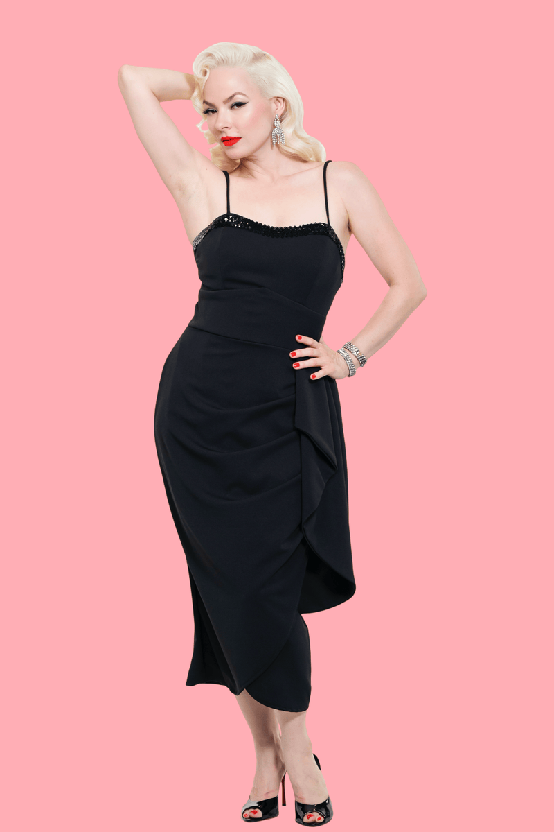 Black shimmering sarong dress by LadySplendorClothing, flowing fabric with elegant shimmer detail perfect for summer wear.