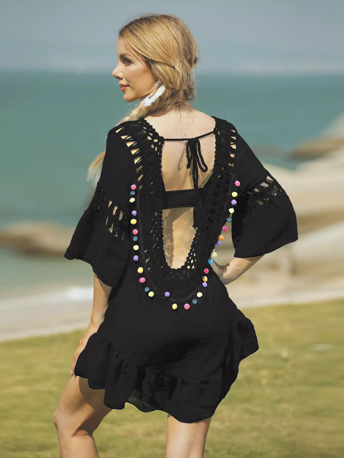 Crochet V-neck beach cover-up dress by Trendsi featuring a lightweight, breathable design perfect for summer cover-ups.