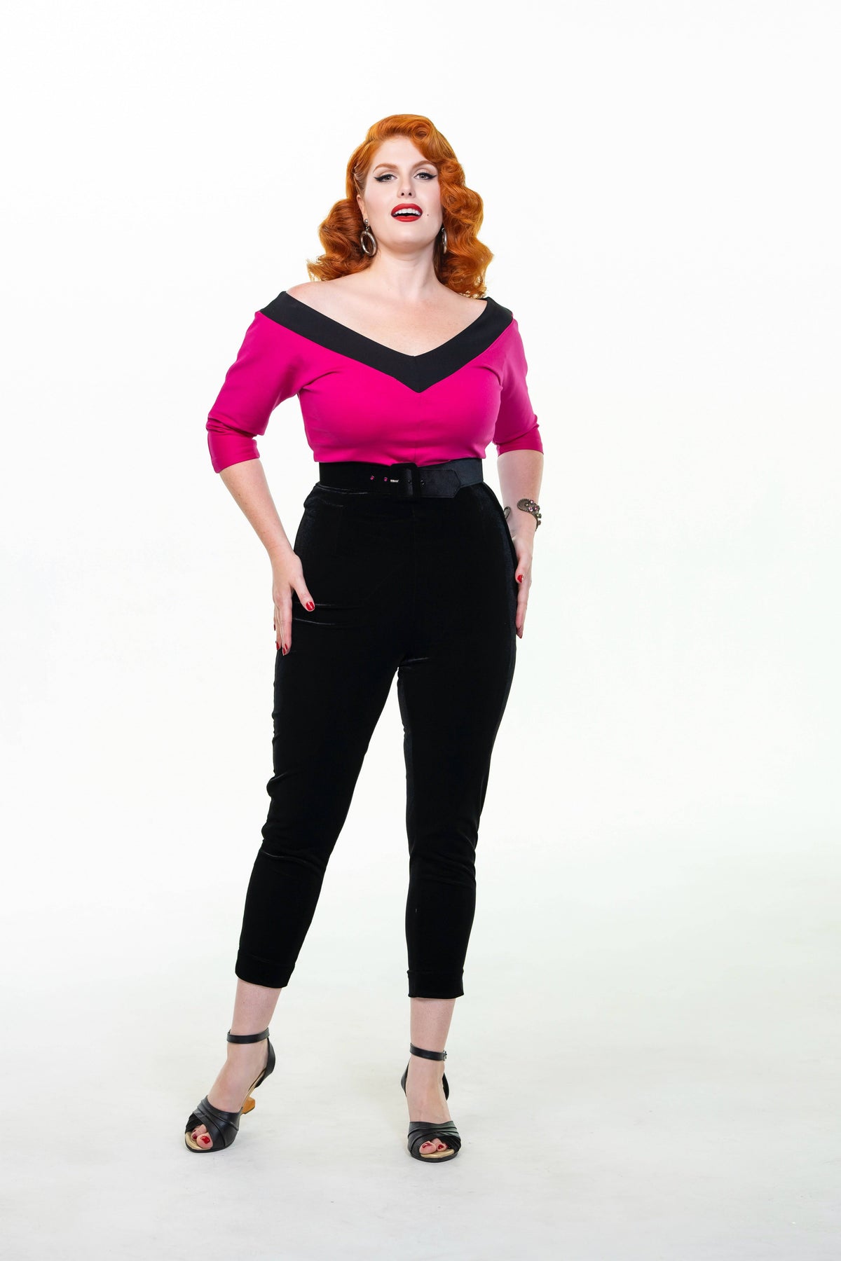 Pink and black striped Midcentury V Top blouse by LadySplendorClothing, featuring a stylish and vintage-inspired design.