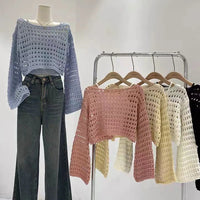 LORNEA long sleeve crochet knit top, beach cover-up with summer boho style, perfect for vacation and casual wear