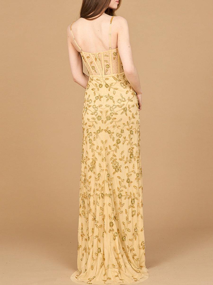 Gold beaded corset gown with slit, elegant dress by Lara New York, featuring intricate beadwork and a flowing silhouette.