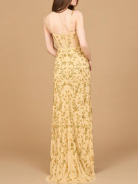 Gold beaded corset gown with slit, elegant dress by Lara New York, featuring intricate beadwork and a flowing silhouette.