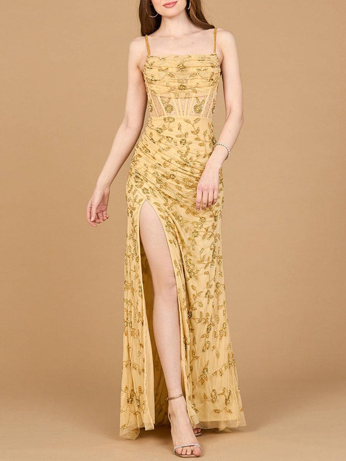 Gold beaded corset gown with slit, elegant dress by Lara New York, featuring intricate beadwork and a flowing silhouette.