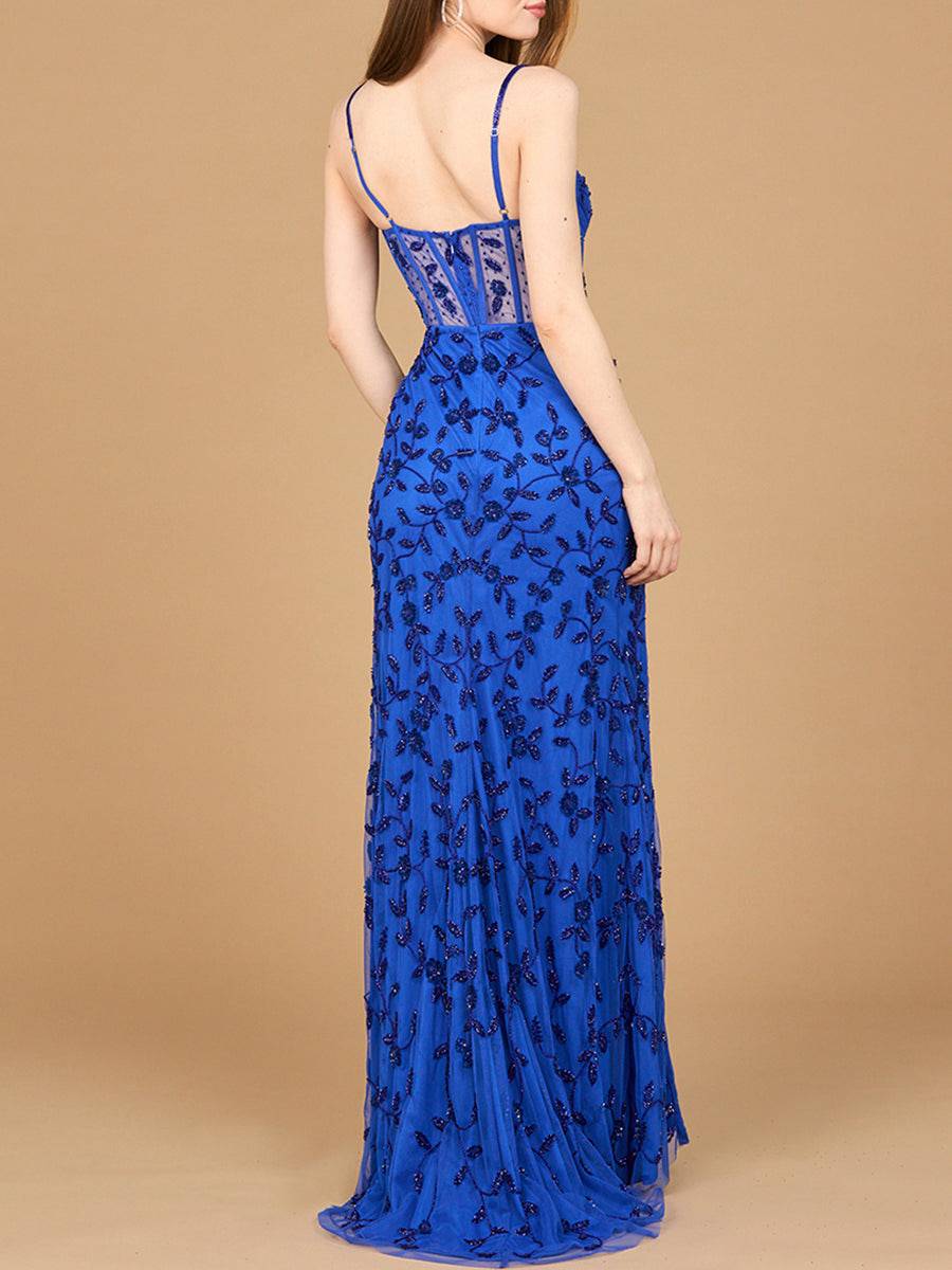 Royal blue beaded corset gown with a slit, designed by Lara New York, featuring intricate beadwork and a fitted silhouette.