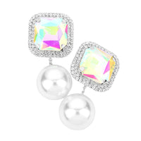 Square Stone Pearl Link Dangle Evening Clip on Earrings
