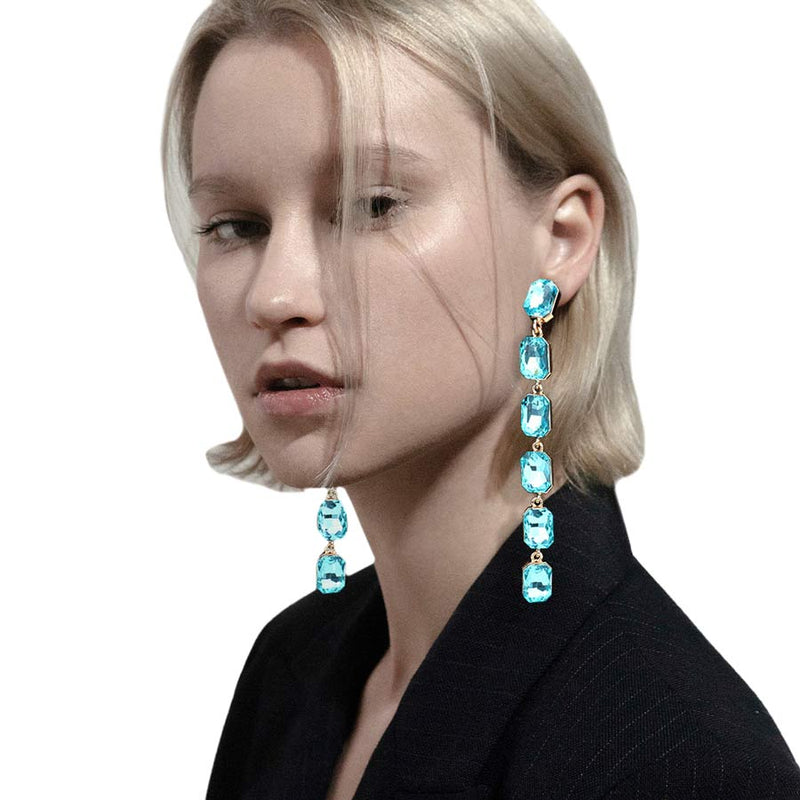 Emerald Cut Stone Link Dangle Evening Earrings