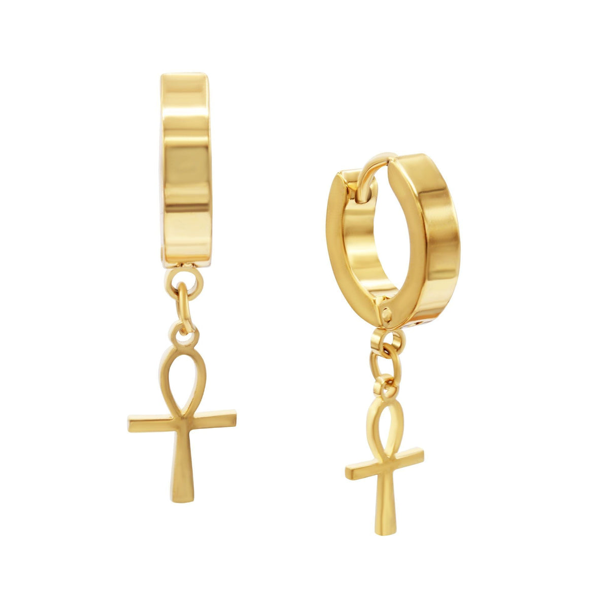 Black 14K gold plated silver Ankh cross pendant huggie hoops earrings by JB Jewelry BLVD, featuring a stylish cross design.