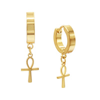 Black 14K gold plated silver Ankh cross pendant huggie hoops earrings by JB Jewelry BLVD, featuring a stylish cross design.