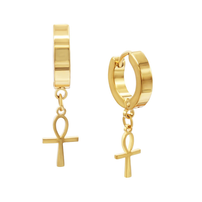 Black 14K gold plated silver Ankh cross pendant huggie hoops earrings by JB Jewelry BLVD, featuring a stylish cross design.